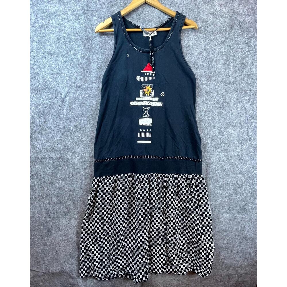 Vintage Kd. Spring Dress Womens 1‎ Small Black Drop Waist Abstract Art to Wear